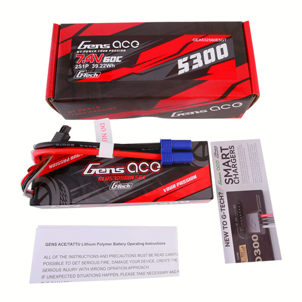 GENS ACE 7.4V 5300MAH 60C 2S G-TECH HARDCASE 24# EC5 PLUG (RC CAR) GEA532S60E5GT