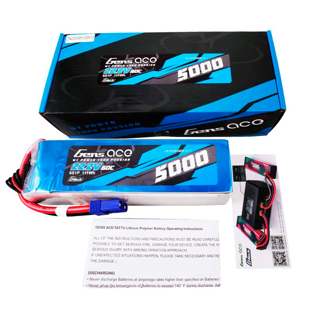 GENS ACE 22.2V 5000MAH 60C 6S G-TECH LIPO EC5 PLUG