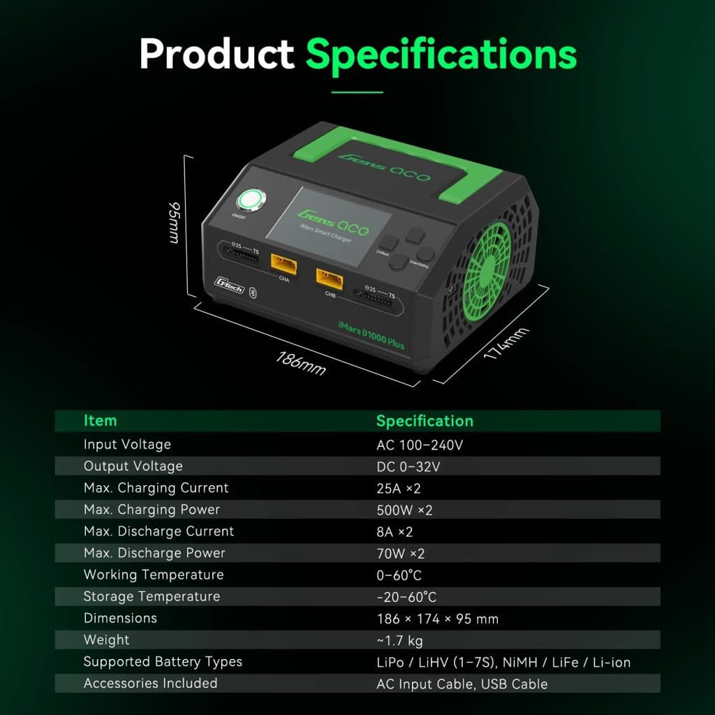 Cargador GENS ACE IMARS D1000 PLUS G-TECH DUAL 1-7S 1000W GEAD1000 PLUS