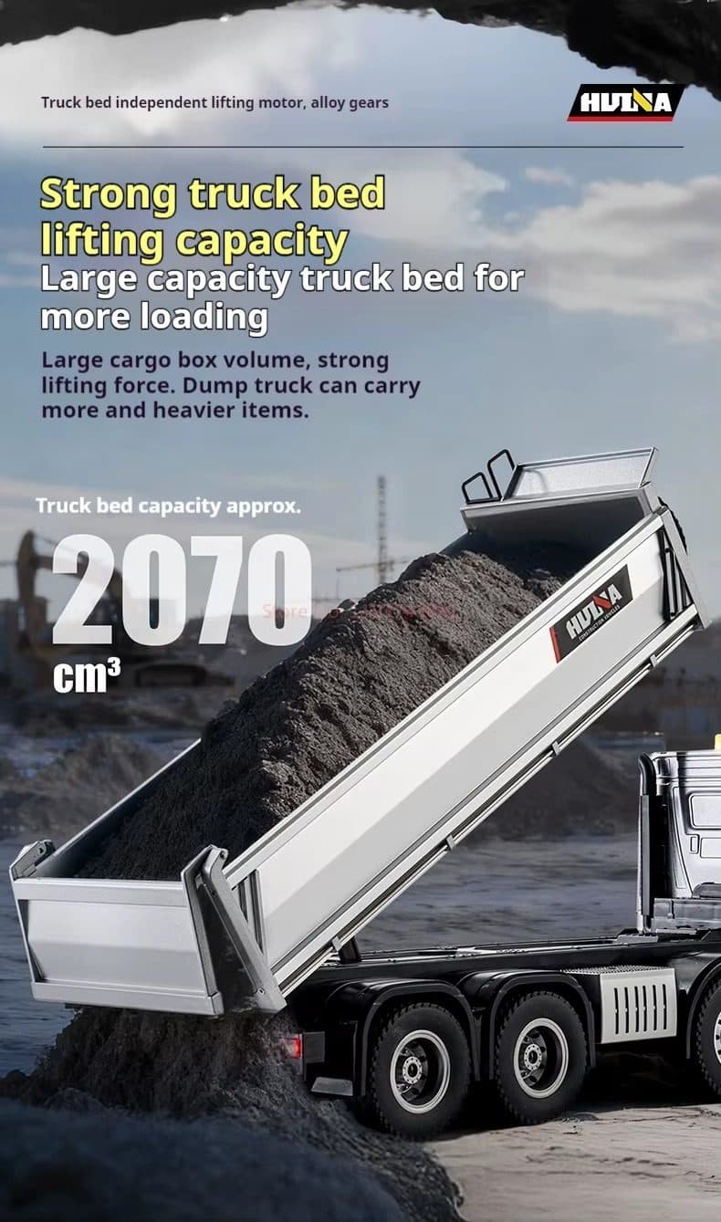 CAMINHAO HUINA 1/14 RC DUMP TRUCK BASCULANTE 12CH SILVER 1536 PRO
