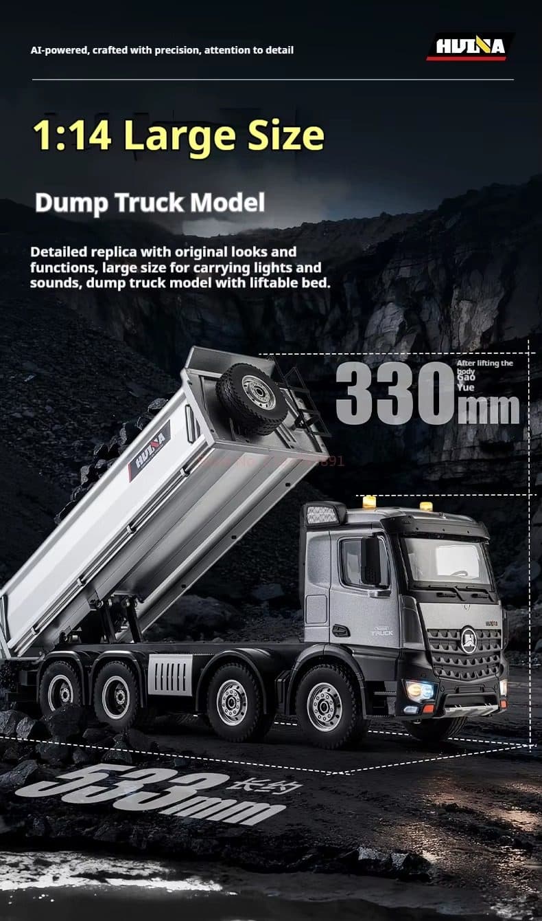 CAMINHAO HUINA 1/14 RC DUMP TRUCK BASCULANTE 12CH SILVER 1536 PRO