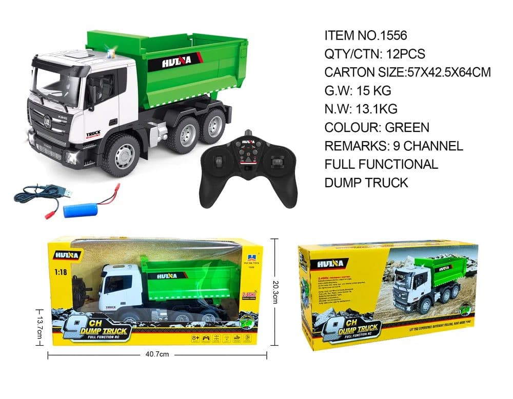 CAMINHAO HUINA 1/18 BASCULANTE DUMP TRUCK 9CH GREEN 1556