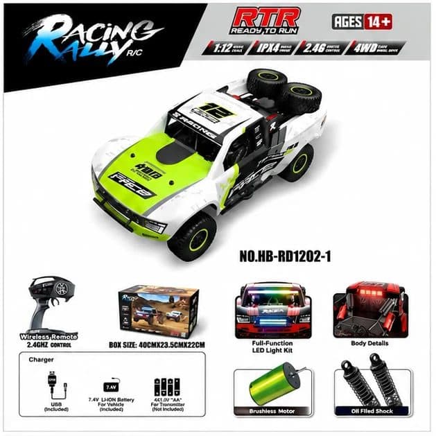 CARRO HB TOYS 1/12 UDR RACING RALLY 40KM 4WD GREEN HB-RD1202