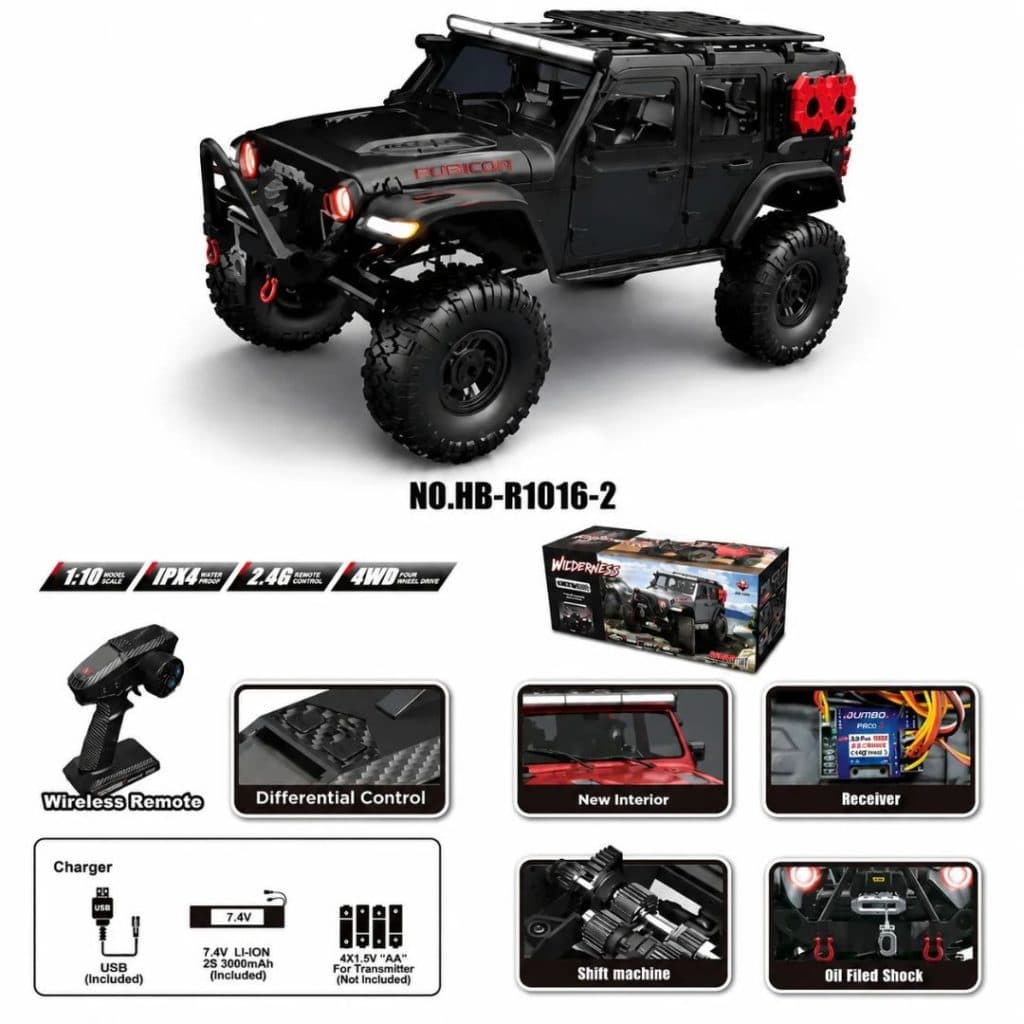 CARRO HB TOYS 1/10 JEEP RUBICON 18KM 4WD BLACK HB-R1016-2