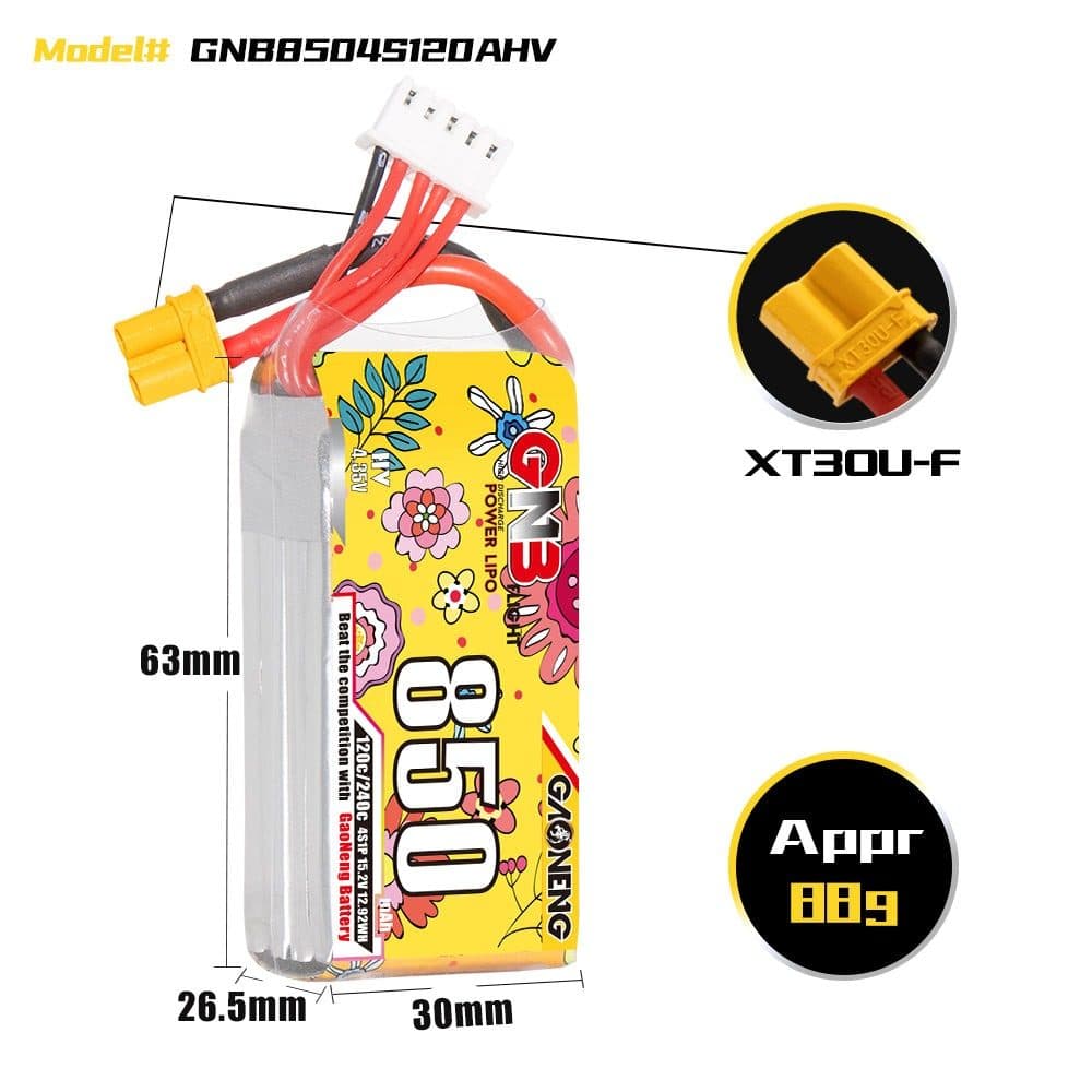 Batería GNB 15.2V 850MAH 120C 4S LIHV LIPO XT30